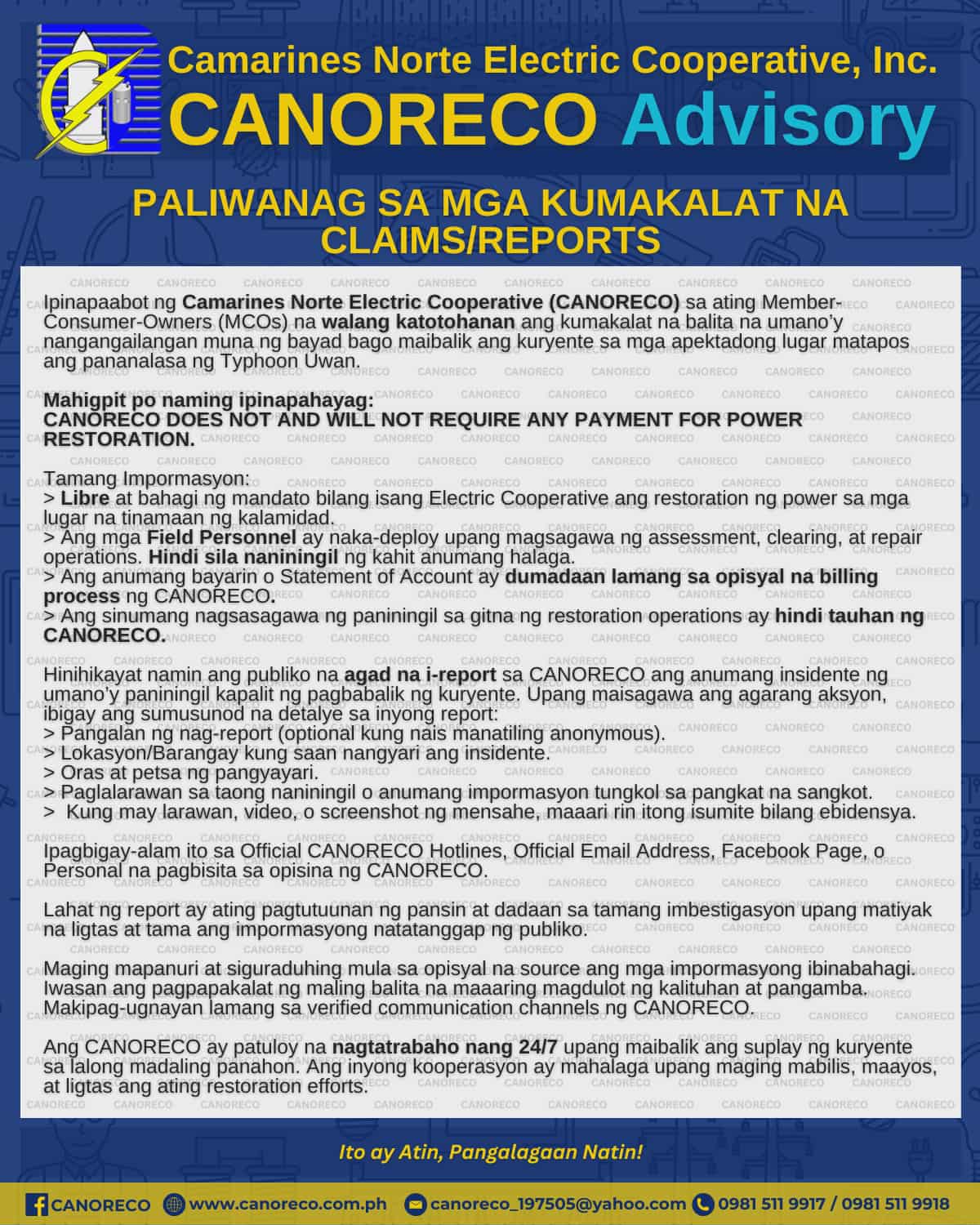 CANORECO - CANORECO Advisory: PALIWANAG SA MGA KUMAKALAT NA CLAIMS ...