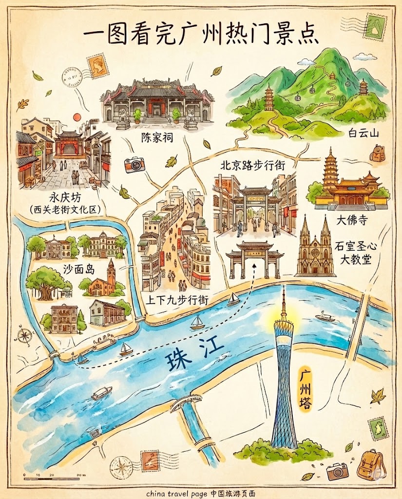 China - 🌈 广州怎么玩？一张图全看懂！👇 保存这张图，你的广州之旅说走就走！ ──────── ──────── 📱 旅行小贴士：出发 ...