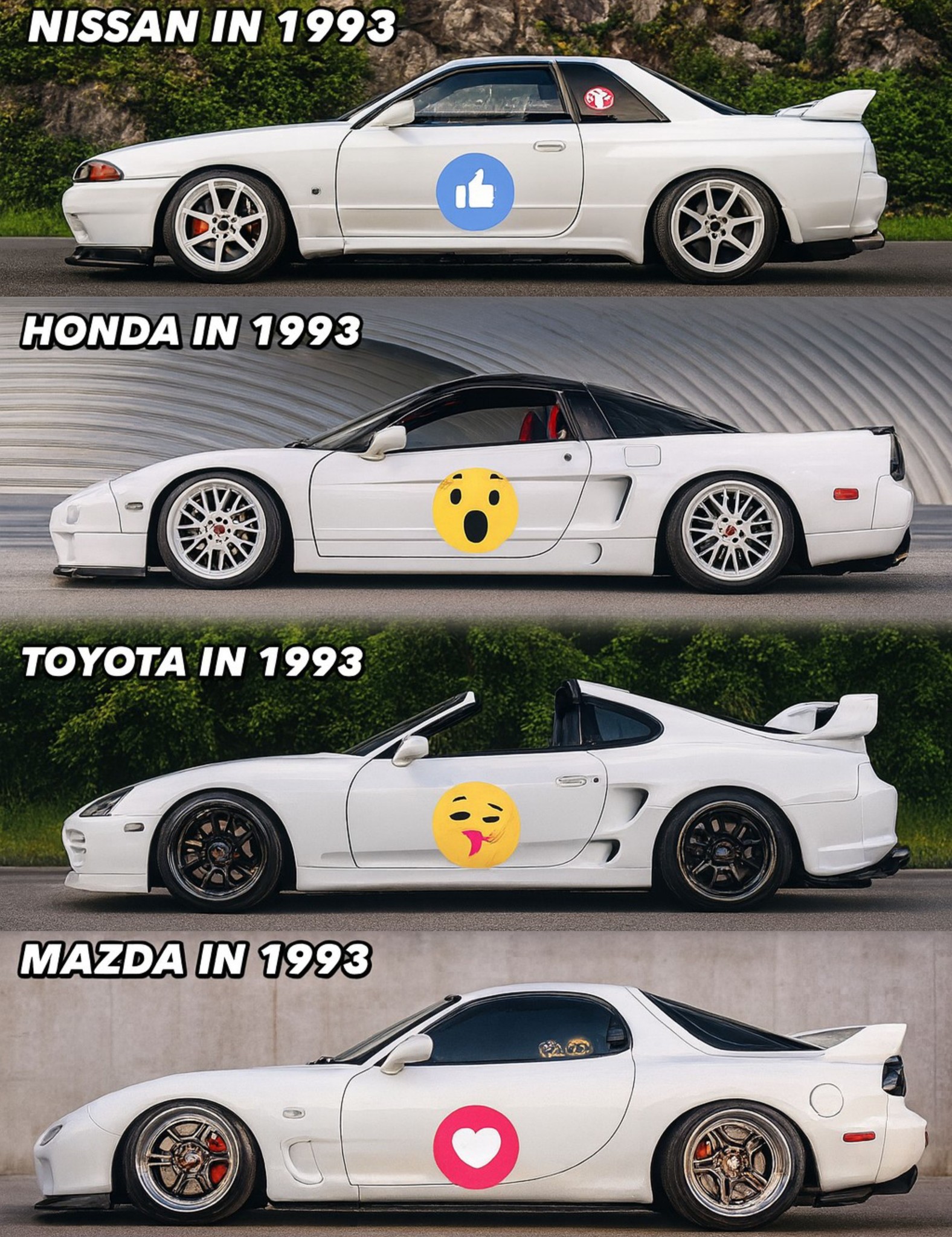 Nissan Skyline GT-R R34, Honda NSX, Toyota Supra A80, and Mazda RX