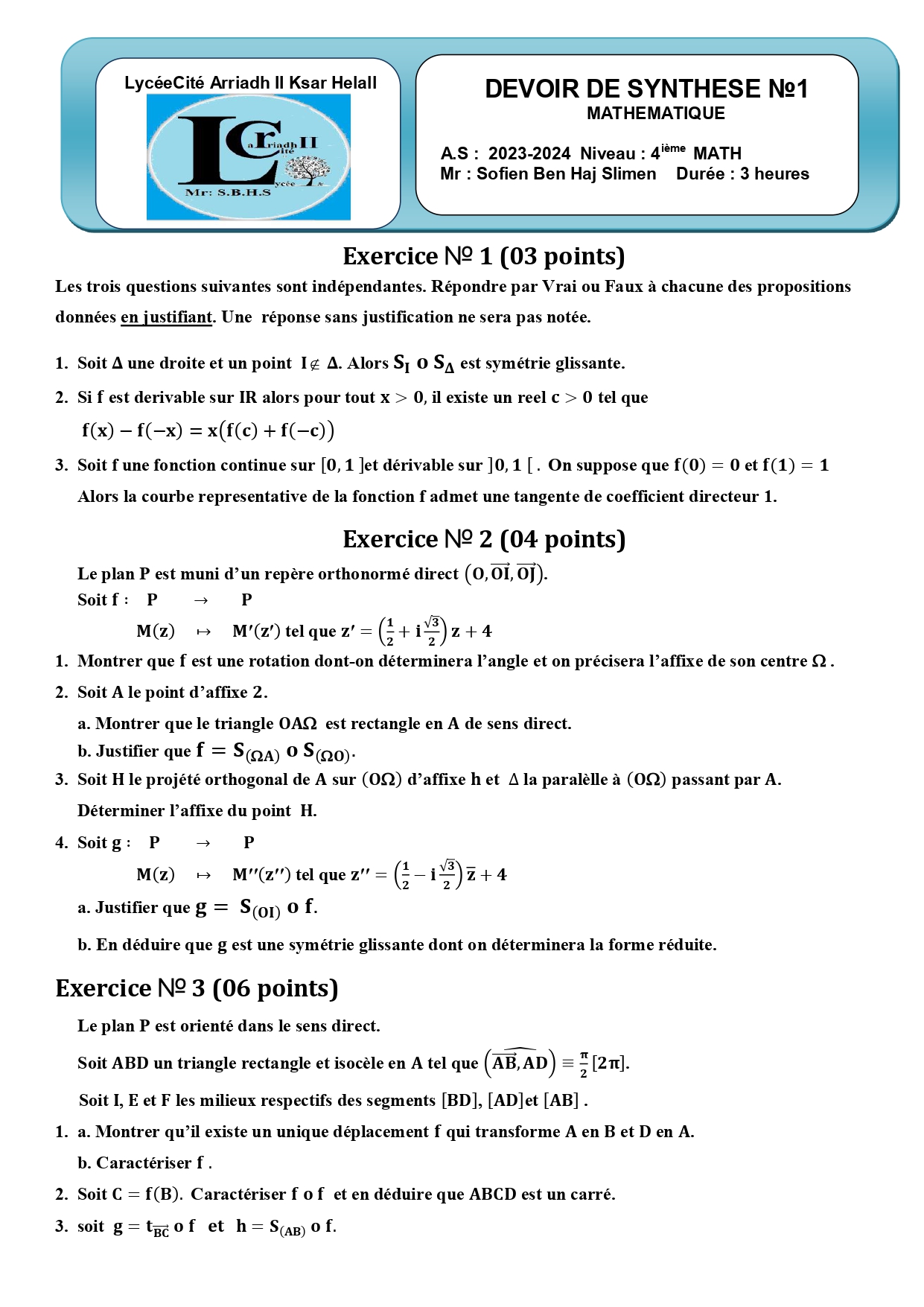 tunisiamaths | **Devoir de synthèse n°1 pour 4ème Mathématiques ...