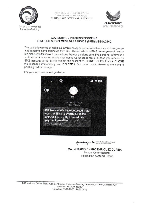 BIR - ADVISORY ON PHISHING/SPOOFING THROUGH SHORT MESSAGE SERVICE (SMS ...