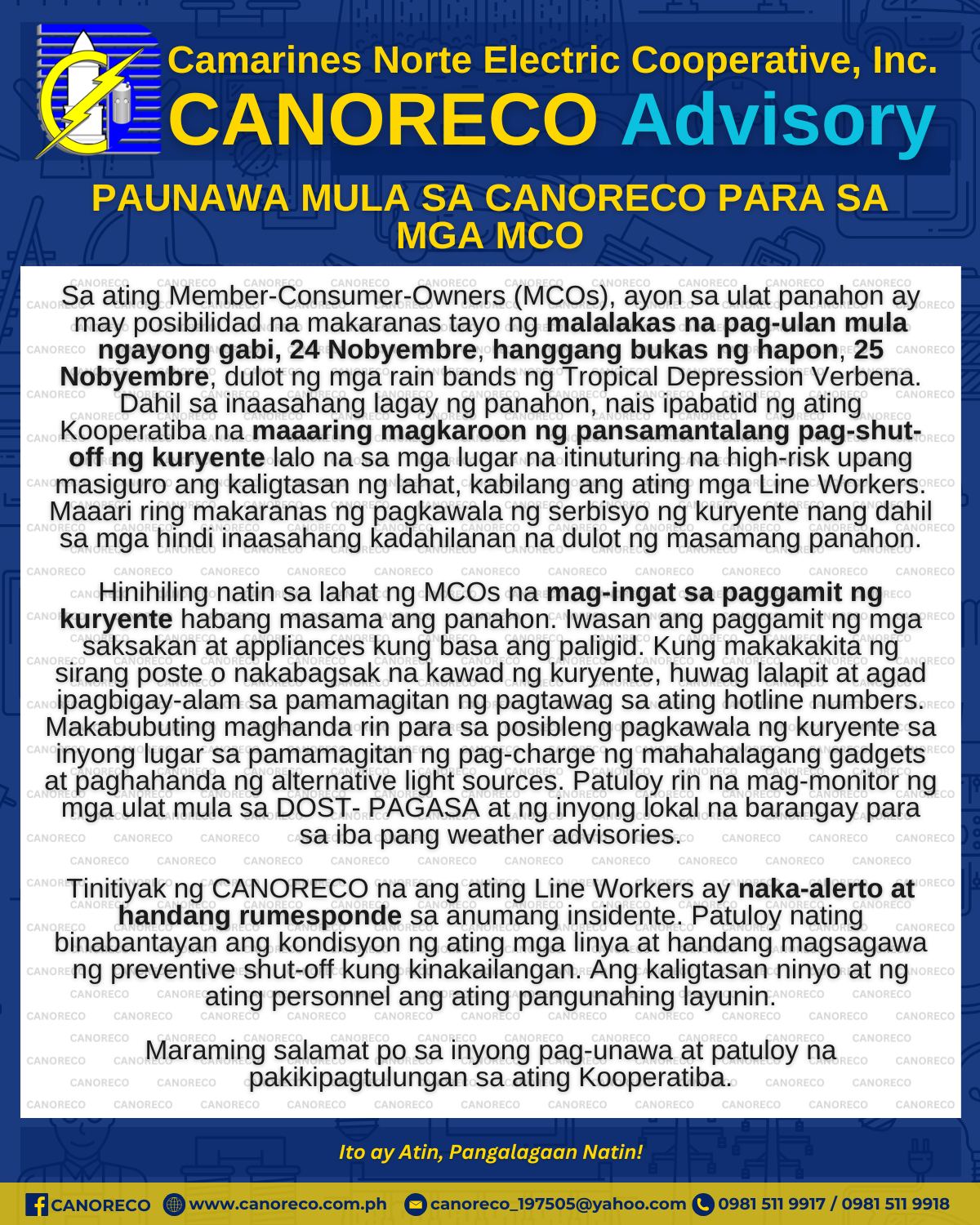 CANORECO - CANORECO Advisory: PAUNAWA MULA SA CANORECO PARA SA MGA MCO ...