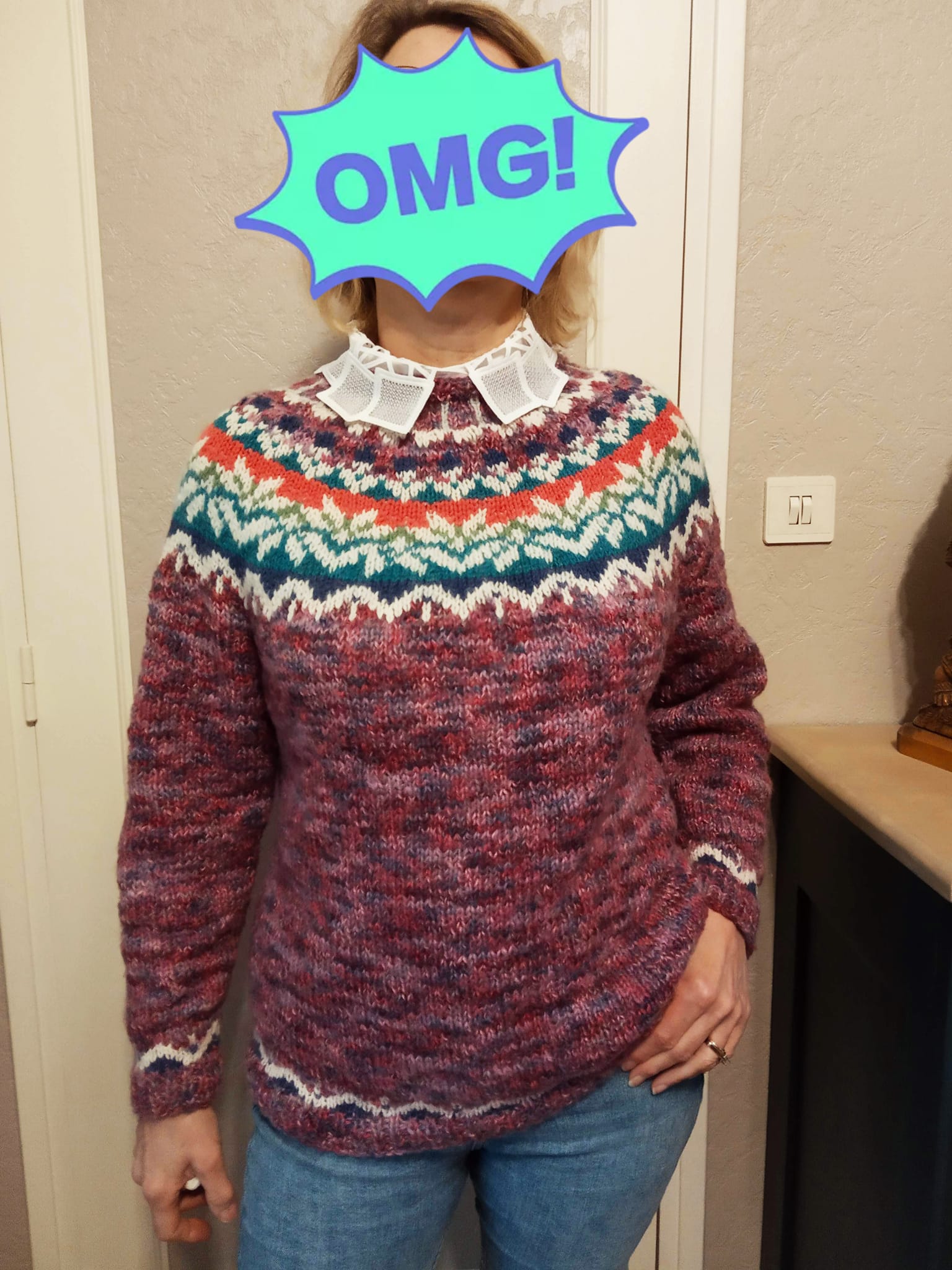 Knitting sweater from unraveled old sweaters