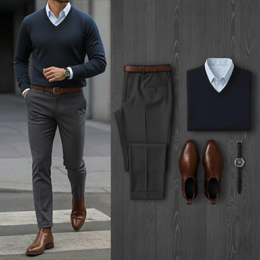 grey sweater blue dress pants Refined and timeless—navy with light shirt, charcoal trousers, and brown Chelsea boots 👔✨ neck pullover is a PrimaryFabric:: Stretch Lightweight Show Me Your Mumu Size:Medium-4T