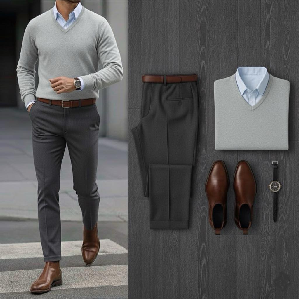 grey sweater blue dress pants Refined and timeless—navy with light shirt, charcoal trousers, and brown Chelsea boots 👔✨ Enter the Presidio pants