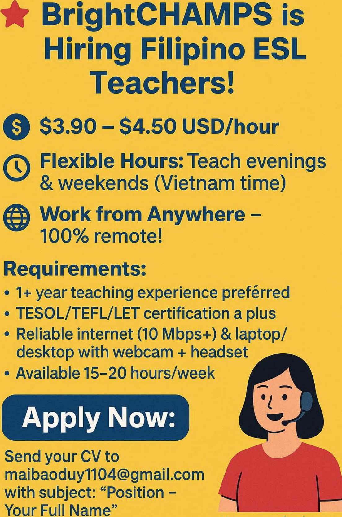 🌟 BrightCHAMPS is Hiring Filipino ESL... - Florence Balingit | Facebook