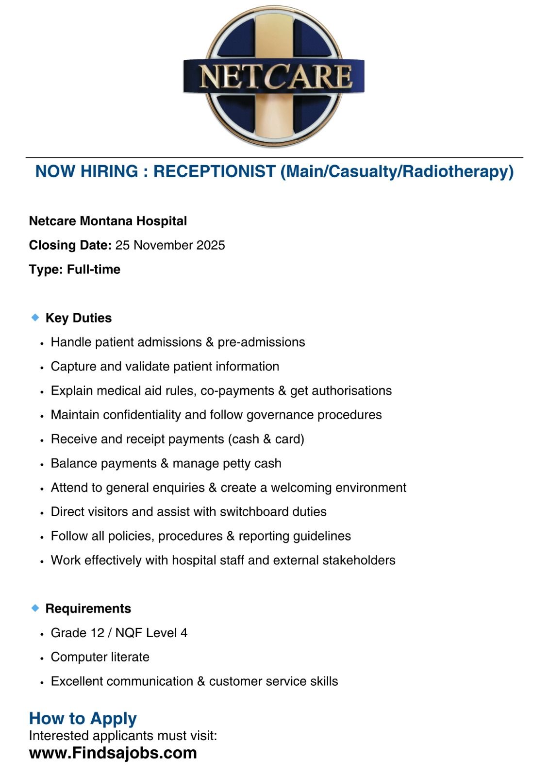 Career - Netcare is Hiring Receptionist (Main/Casualty/Radiotherapy ...