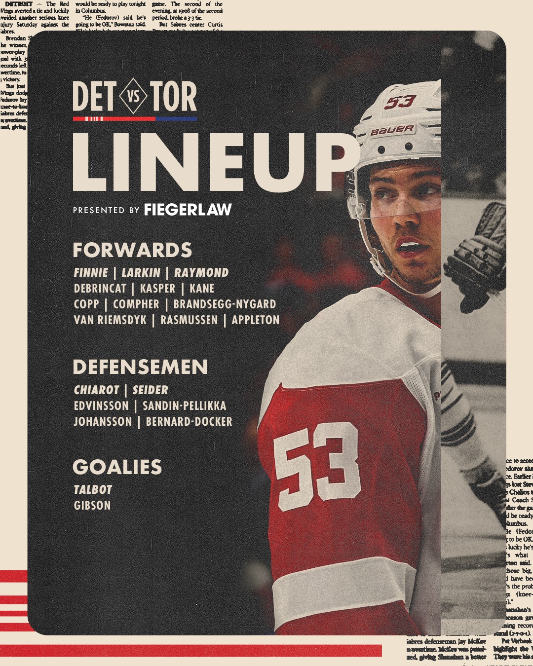 Detroit - Lineup for a matinee Monday in Toronto. Tune in on FDSN ...