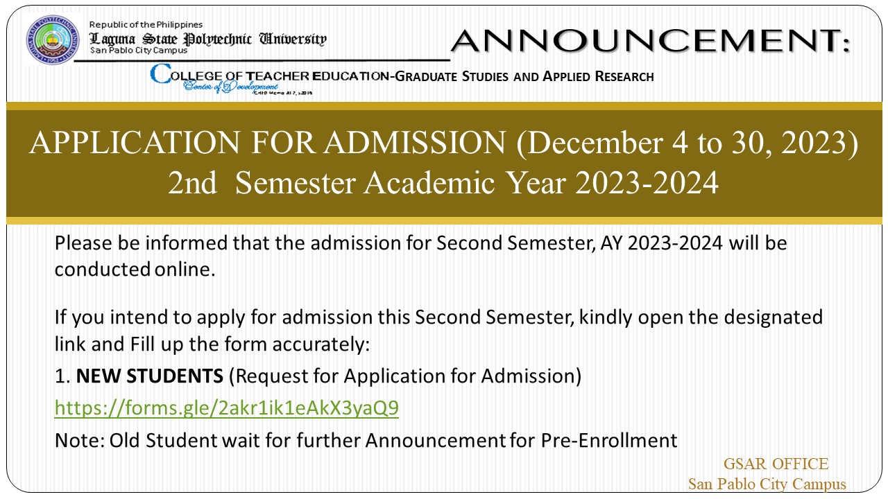 LSPU - ANNOUNCEMENT: APPLICATION FOR ADMISSION (December 4 to 30, 2023 ...