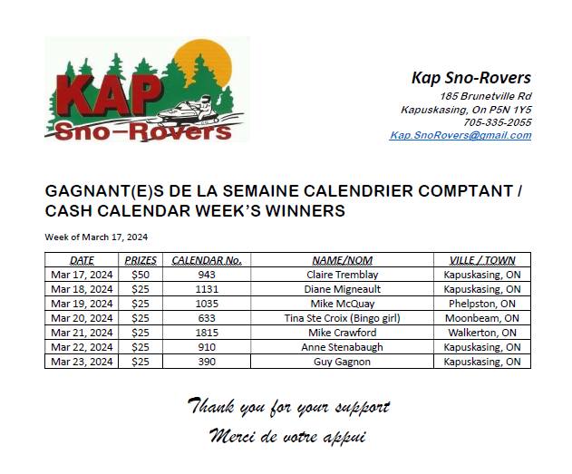 Kap Sno-Rovers - Congratulations to last week's winners! | Facebook