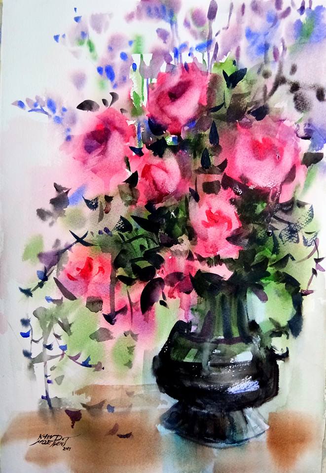 Myanmar watercolor roses by Khin Moe Pwint