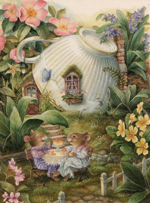 Tea art bunnies having a picnic tea in the park sue to the