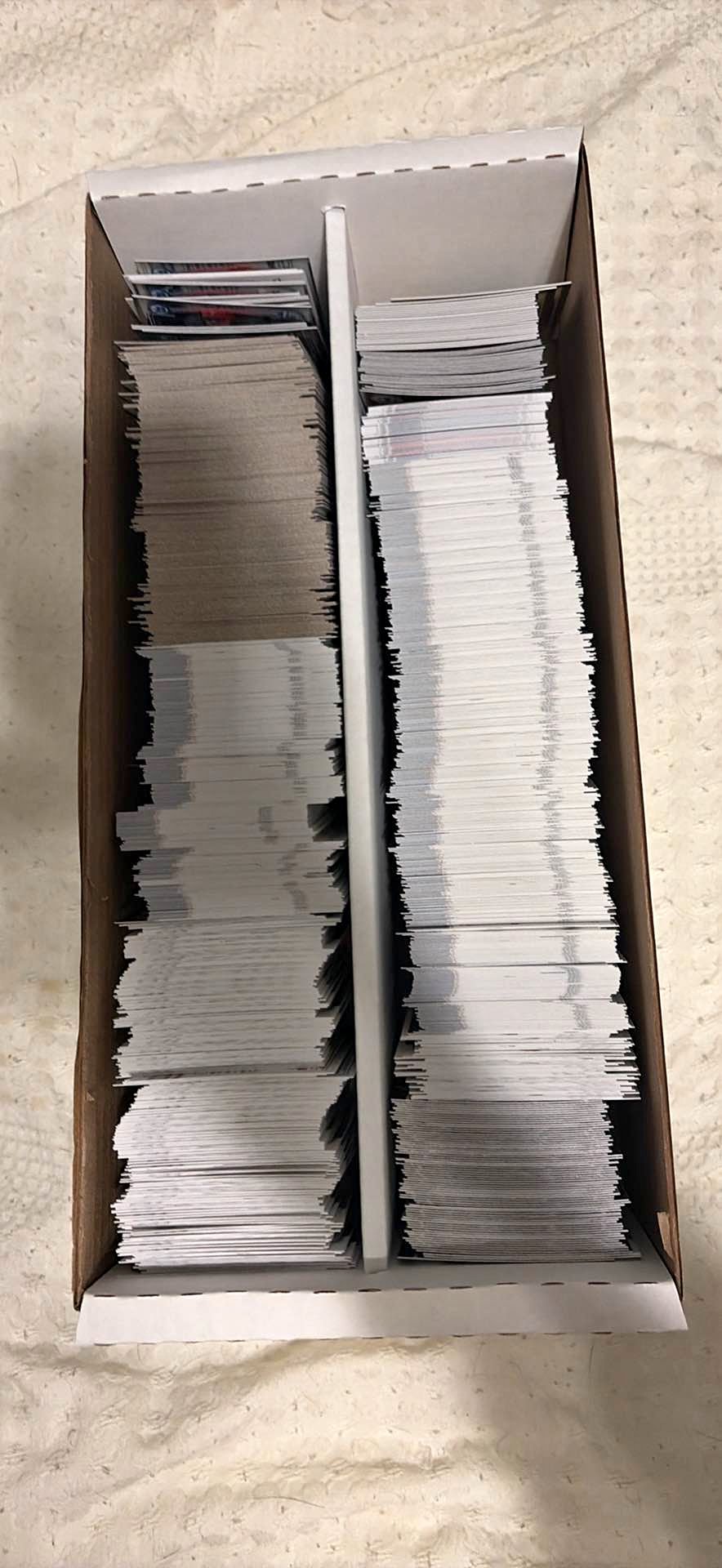 2 row bulk box of football, soccer, and baseball cards ~ 300-400 cards ...