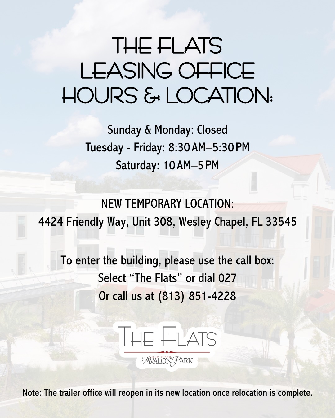 Avalon - 📢 Notice: The Flats Wesley Chapel Leasing Office is ...