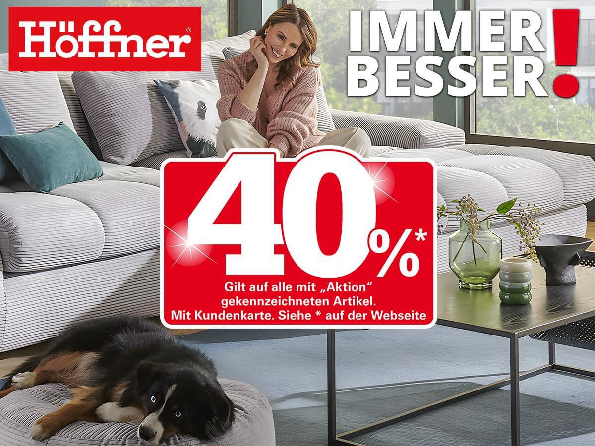 Auch heute erhaltet ihr 4️⃣0️⃣%* RABATT auf ALLE Aktionspreise mit der Höffner Kundenkarte. Wir wünschen viel Spaß beim shoppen & freuen uns auf euren Besuch in unserem Möbelhaus. ▶️P.S.: Ihr hab