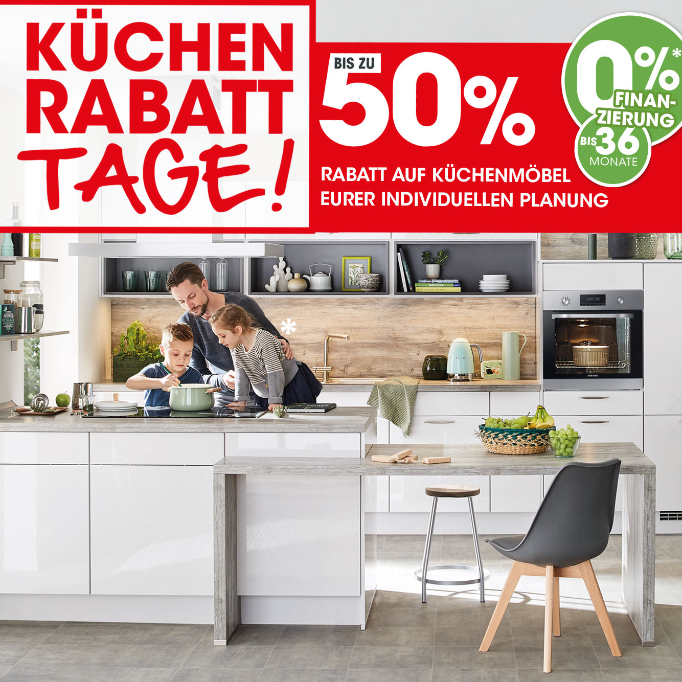 Aktuell erhaltet ihr bis zu 50% Rabatt* auf Küchenmöbel eurer individuellen Planung! 💸 Nutzt außerdem die Möglichkeit zur 0% Finanzierung bis 36 Monate beim Kauf von Möbeln und Küchen** Jetzt Beratun