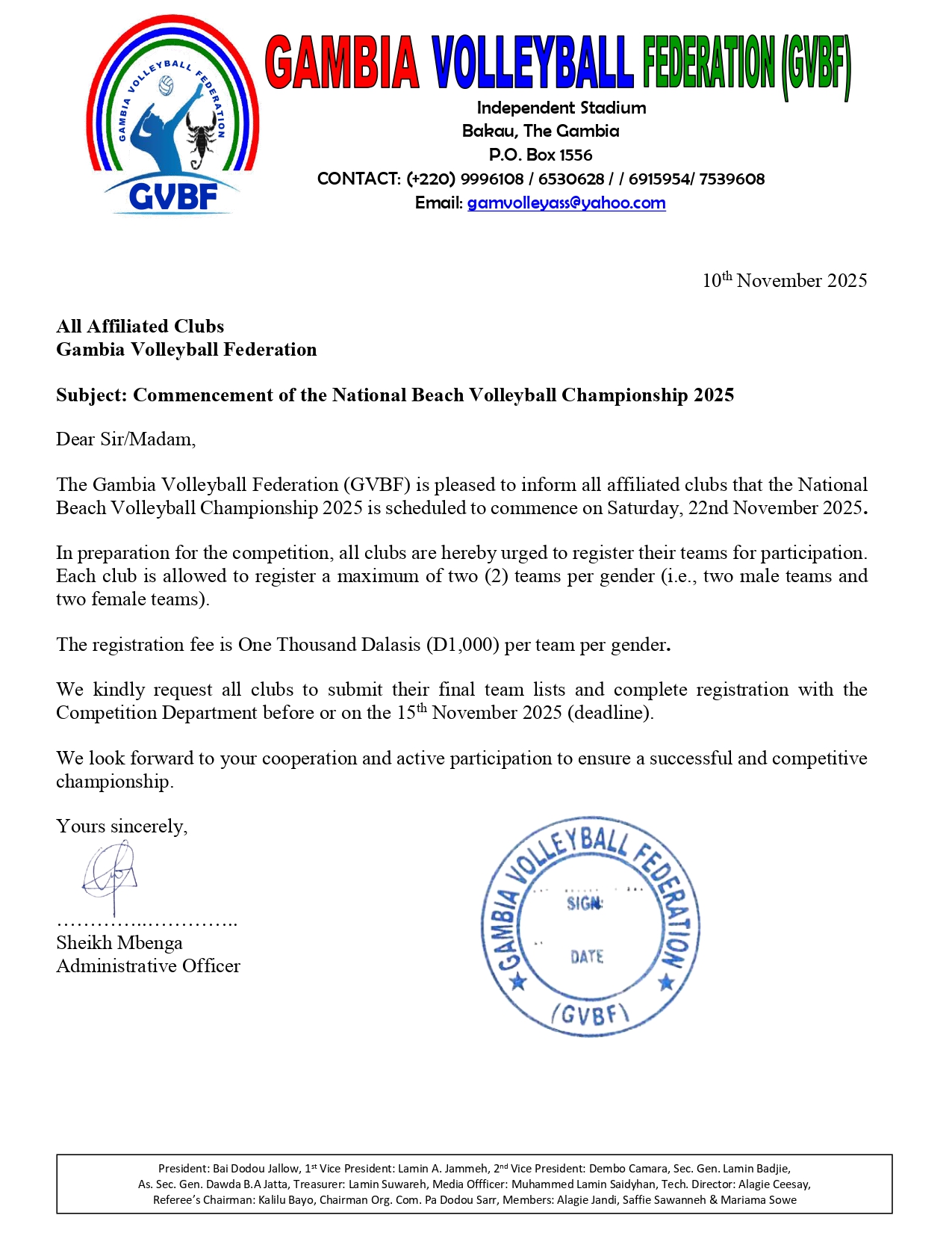 📌 ANNOUNCEMENT The... - Gambia Volleyball Federation - GVBF | Facebook