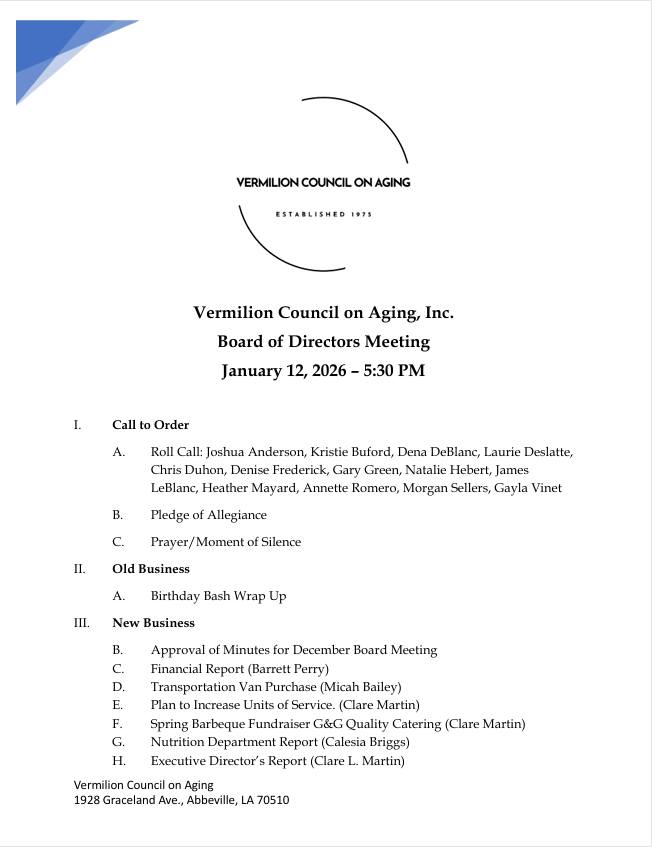 January VCOA Board Meeting