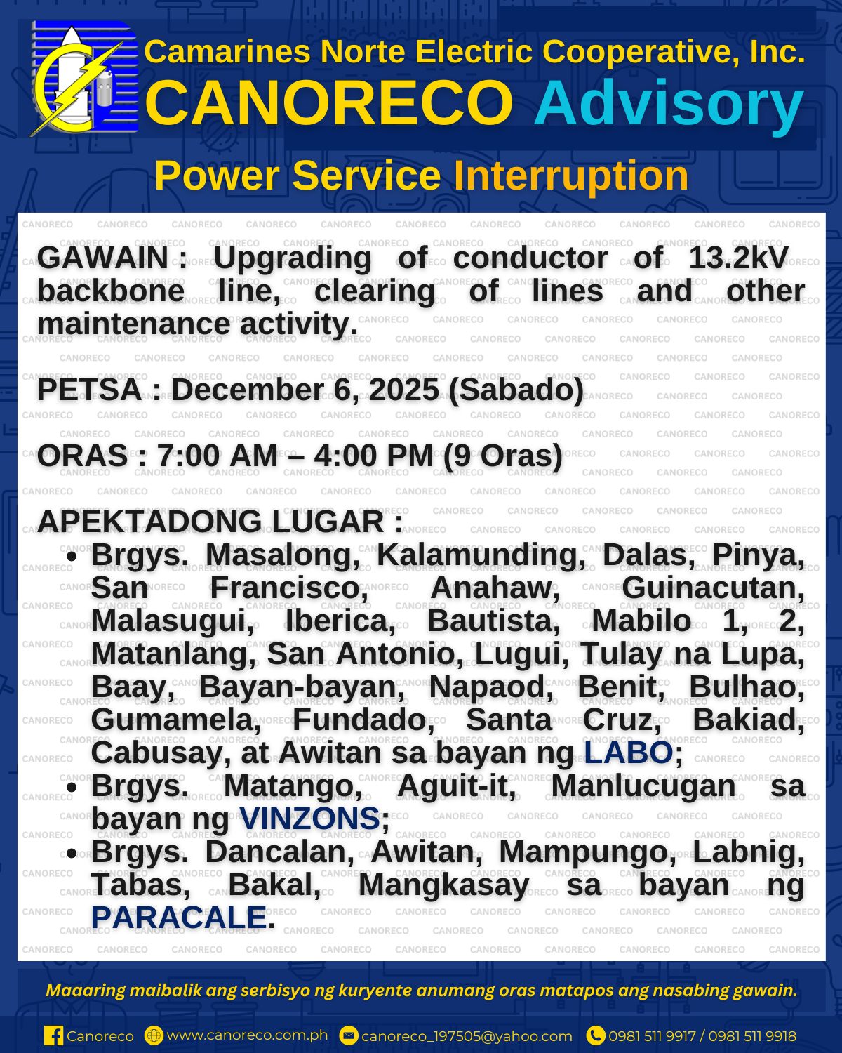 CANORECO - CANORECO Advisory: POWER SERVICE INTERRUPTION GAWAIN ...