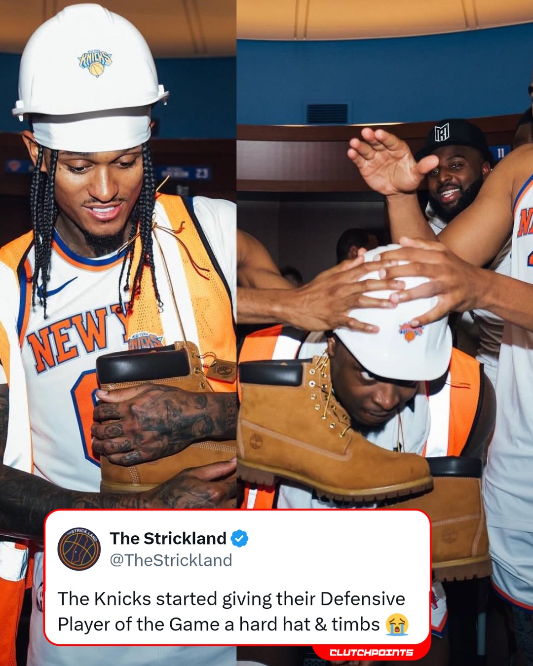 Knicks - Only the Knicks would hand out a hard hat & Timbs for defense ...
