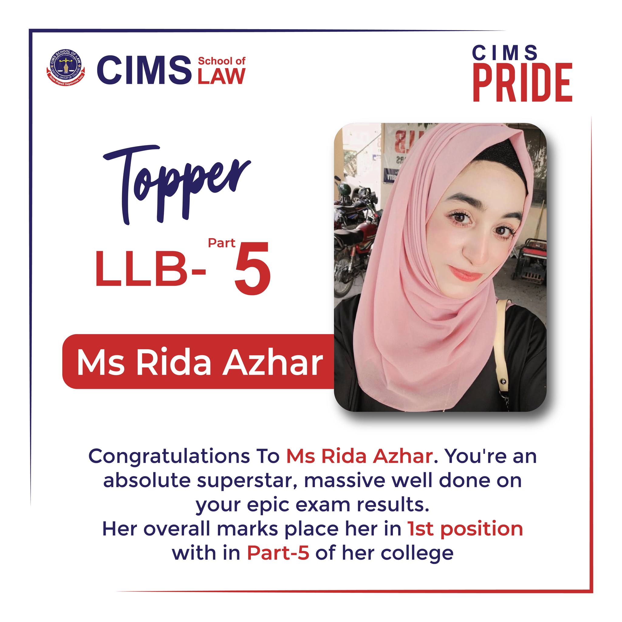 Congratulations To Ms Rida... - Cims School of Law, Lahore | Facebook