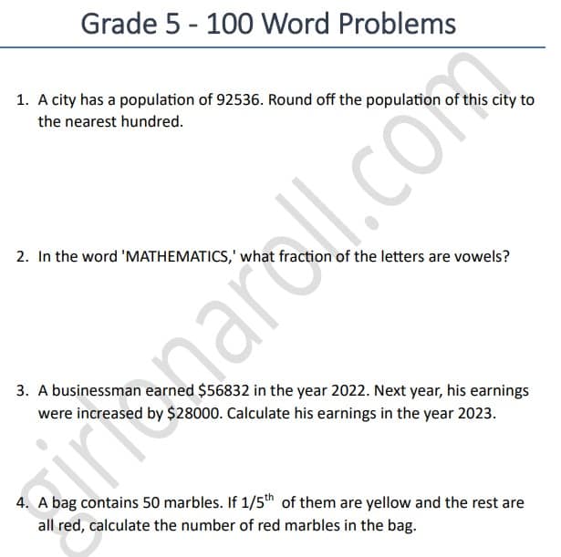 Mathematics practice set with 5 problems