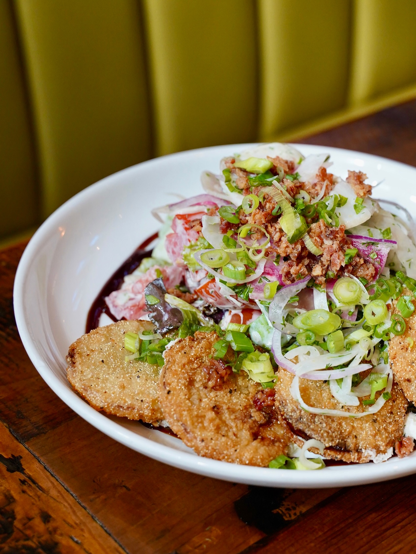 fried green tomato salad with buttermilk dressing at Owens Fish Camp dark green quincess dress