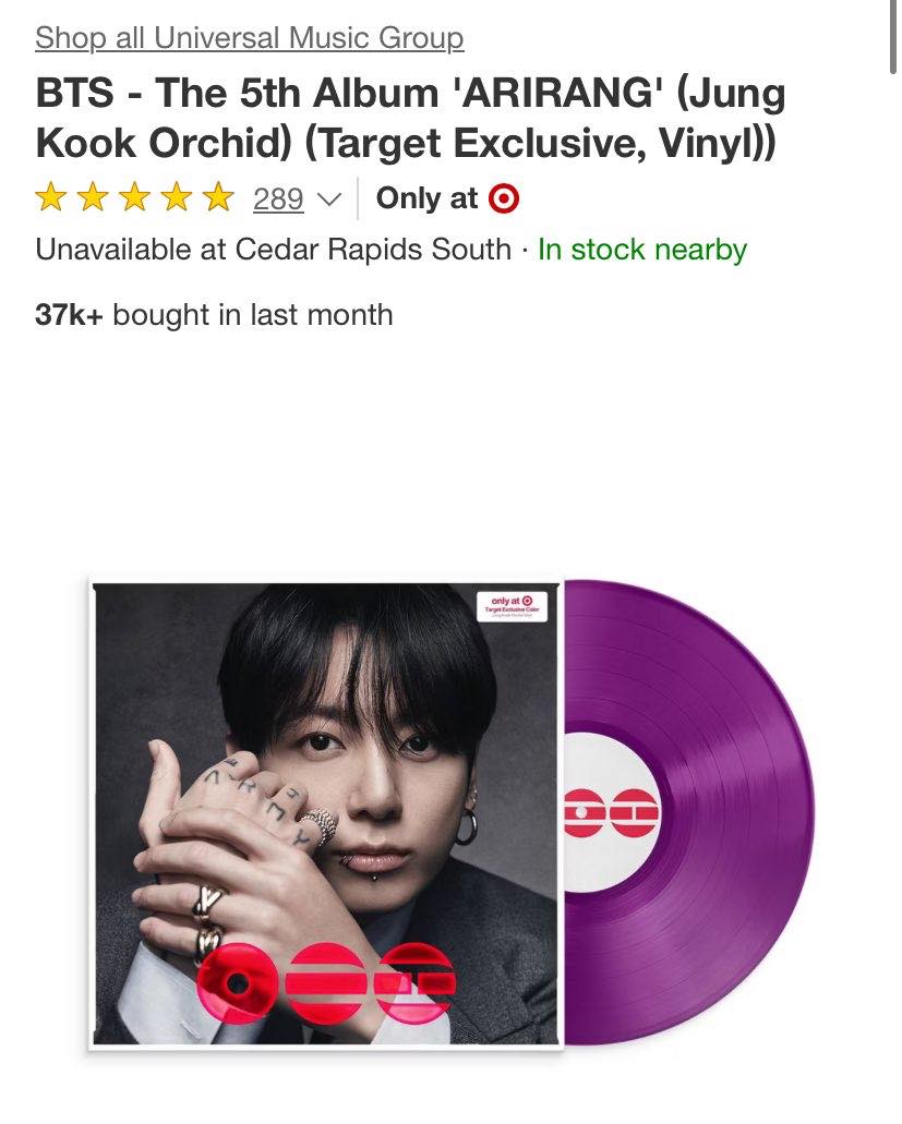 📊 Best selling Arirang Vinyls on Target : #1 JUNGKOOK — 37k