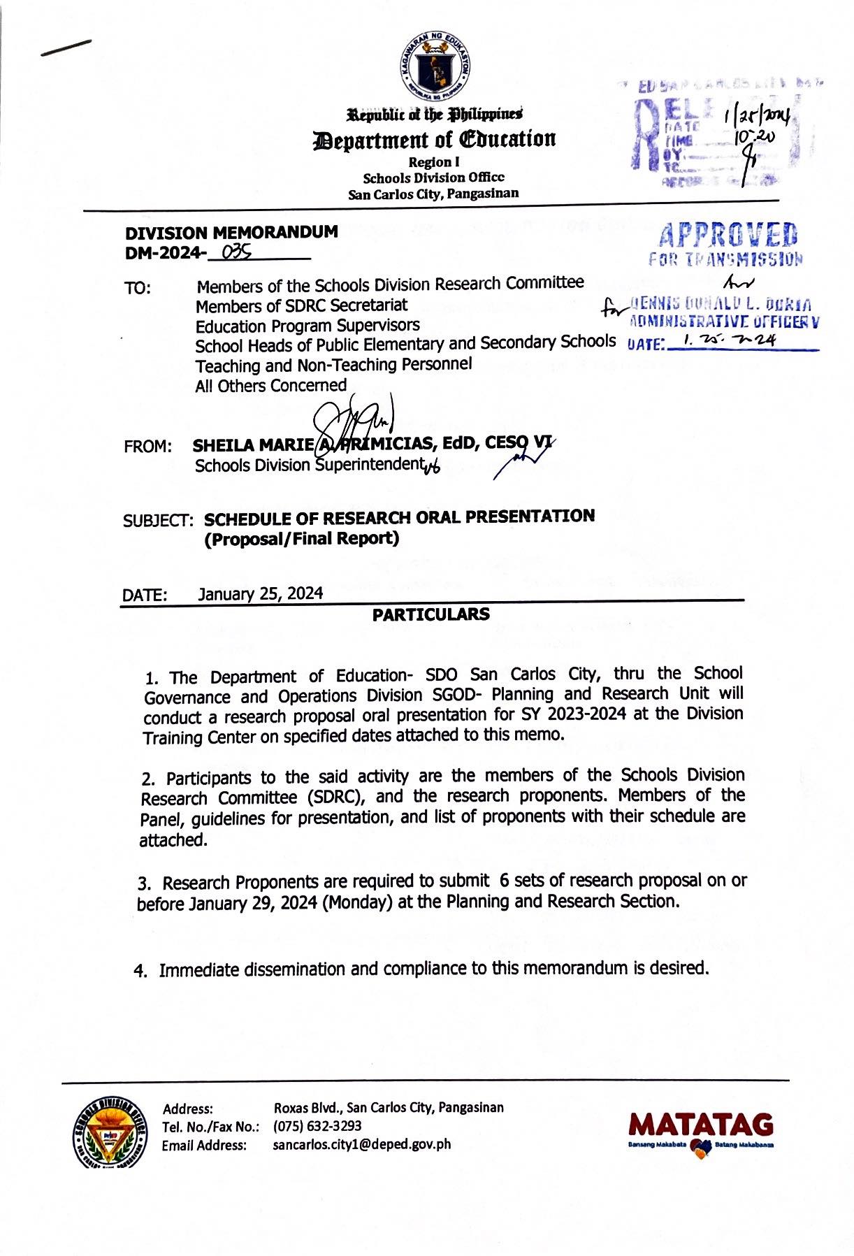 DM-2024-035 SCHEDULE OF RESEARCH ORAL PRESENTATION (Proposal/Final ...