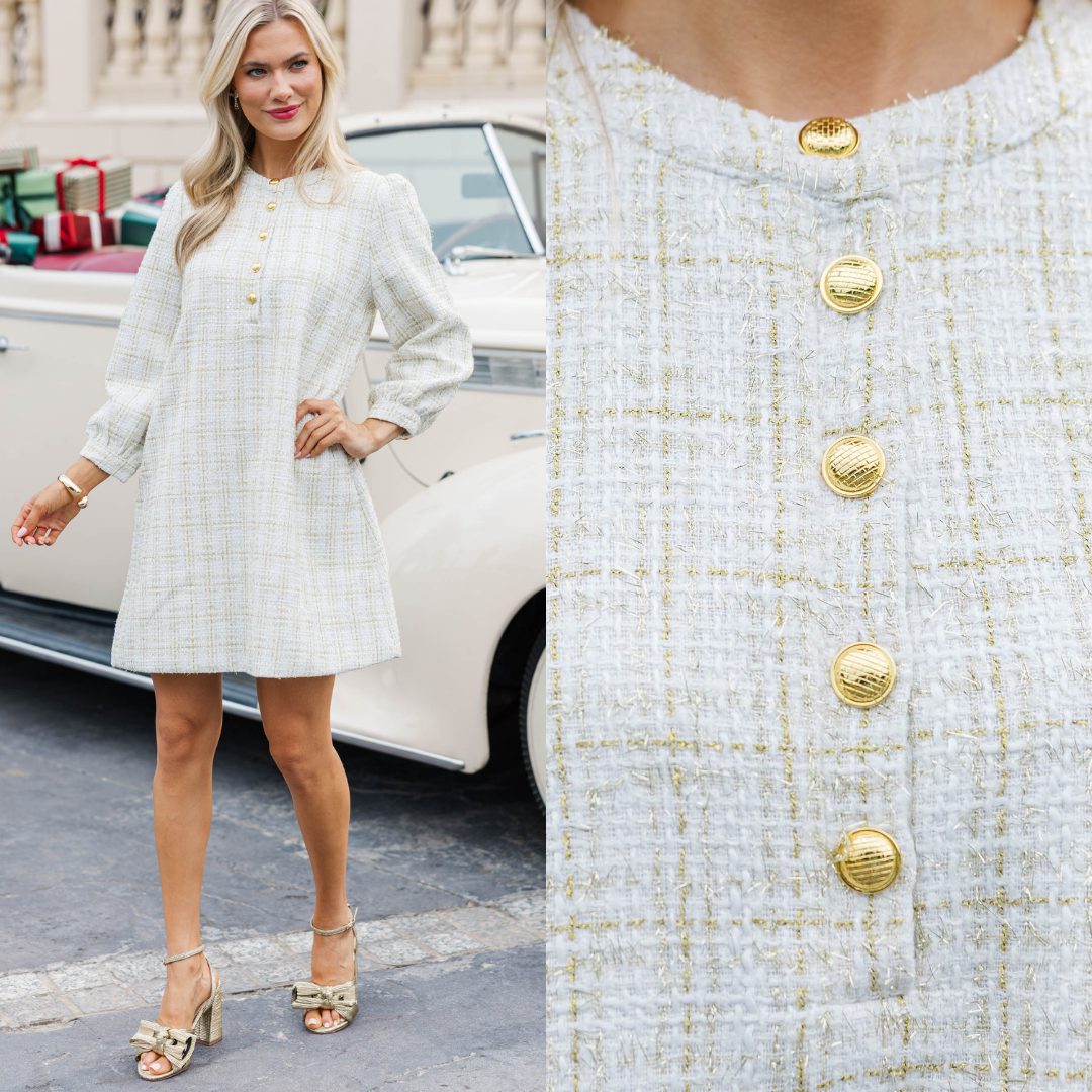 tweed holiday dress Shop This >> https://shopthemint.co/4nJwXP1 Fit for every festive occasion — this white dress brings timeless elegance with a hint of sparkle. Chic, polished, and ready for all your plans wo 1/15/24-1/21/24