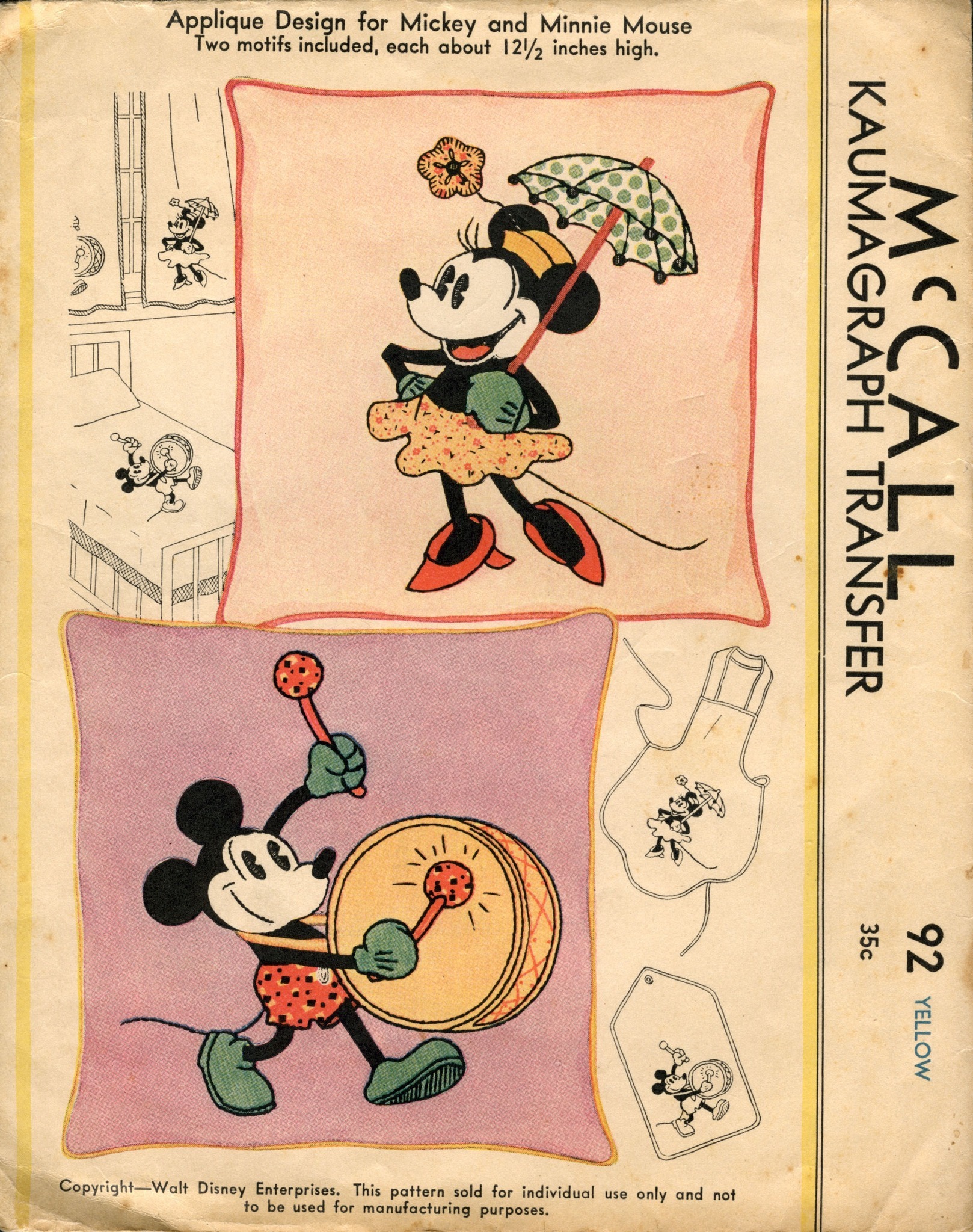 30年代McCall's Patterns(？) ミッキー型紙　家庭ぬいぐるみ Vintage Disney McCall Patterns and Iron-On Imagery