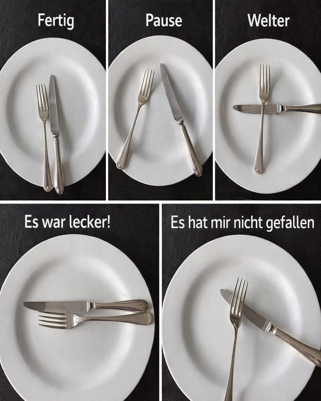 Tischsignale richtig verstehen ✨ Mit der Position von Messer und Gabel lassen sich am Tisch klare, höfliche Signale geben. Diese kleinen Gesten erleichtern die Kommunikation und sorgen für einen reibungslosen Ablauf beim