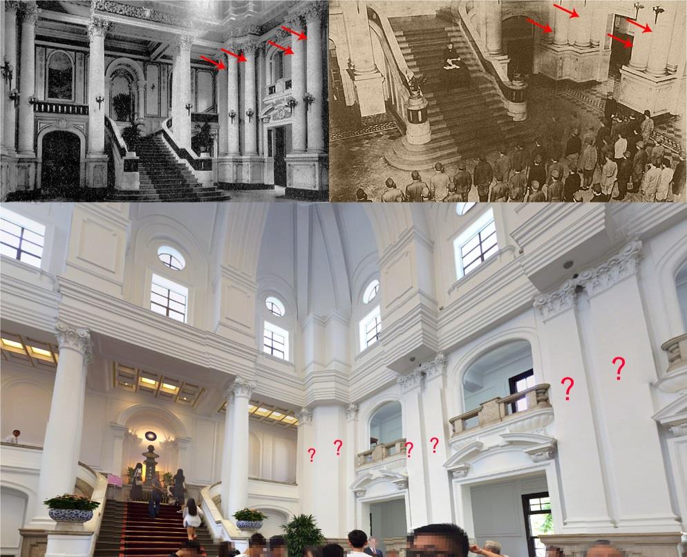 台灣回憶探險團 - 來回憶一則總統府內的「拔柱」回憶。上圖為日本時代總督府大廳內部影像，側邊原有成排華麗柱子，二戰時此... | Facebook