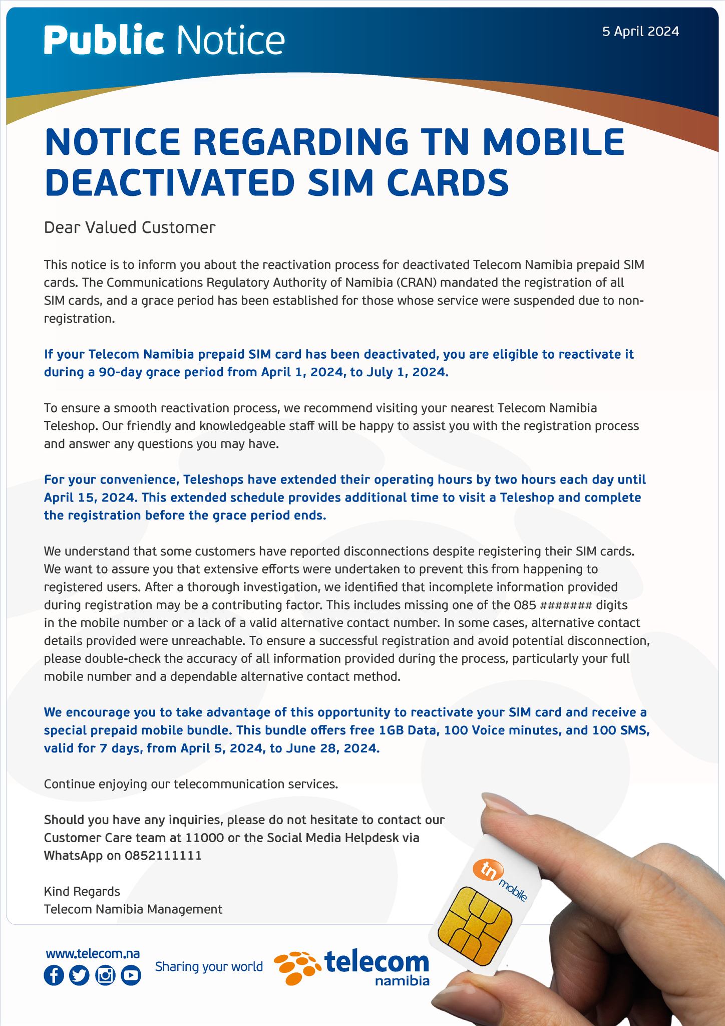Telecom Namibia - Notice regarding TN Mobile deactivated...