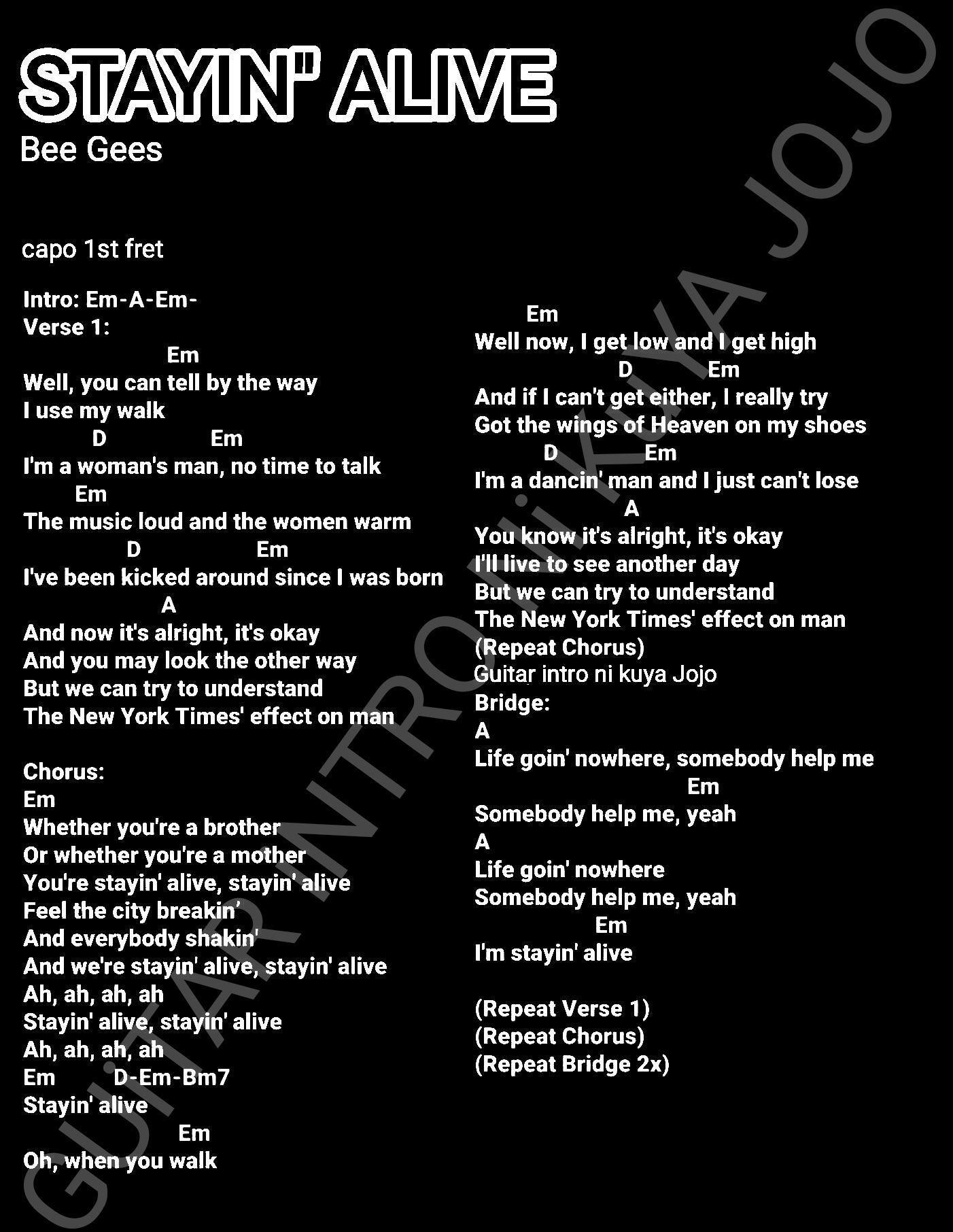 Stayin Alive Bee Gees Guitar Chords Lyrics