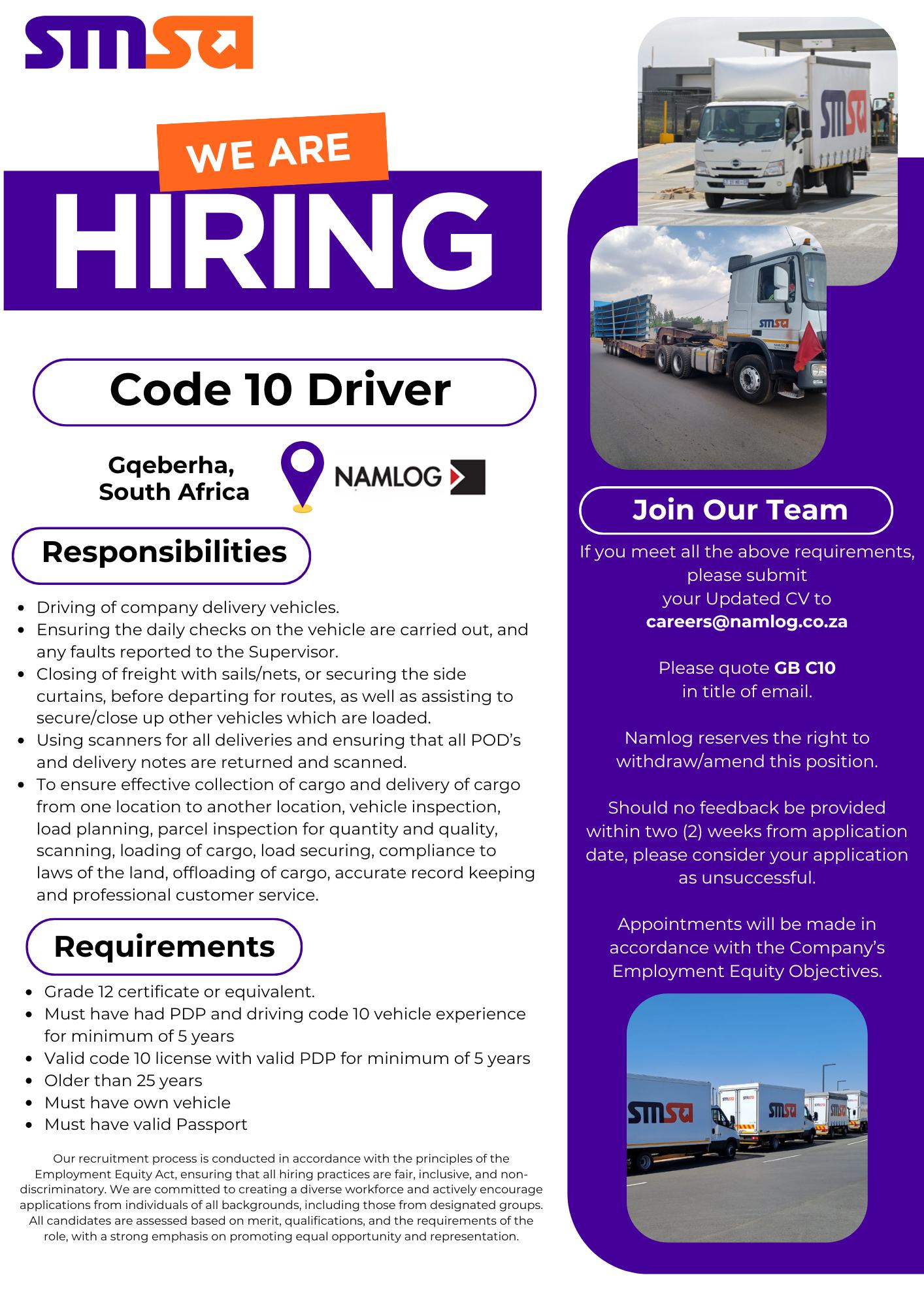 SMSA - Ready to grow with us? Submit your CV to careers@namlog.co.za to ...