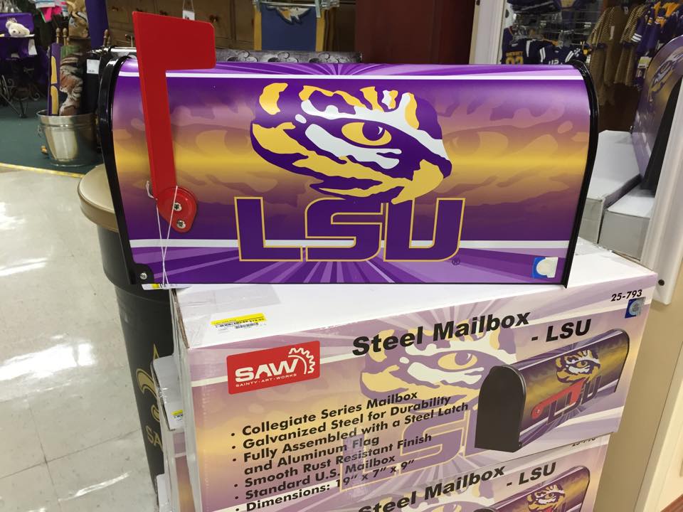 a Just in New LSU mailbox , Tool box , and Ice Chest on wheels