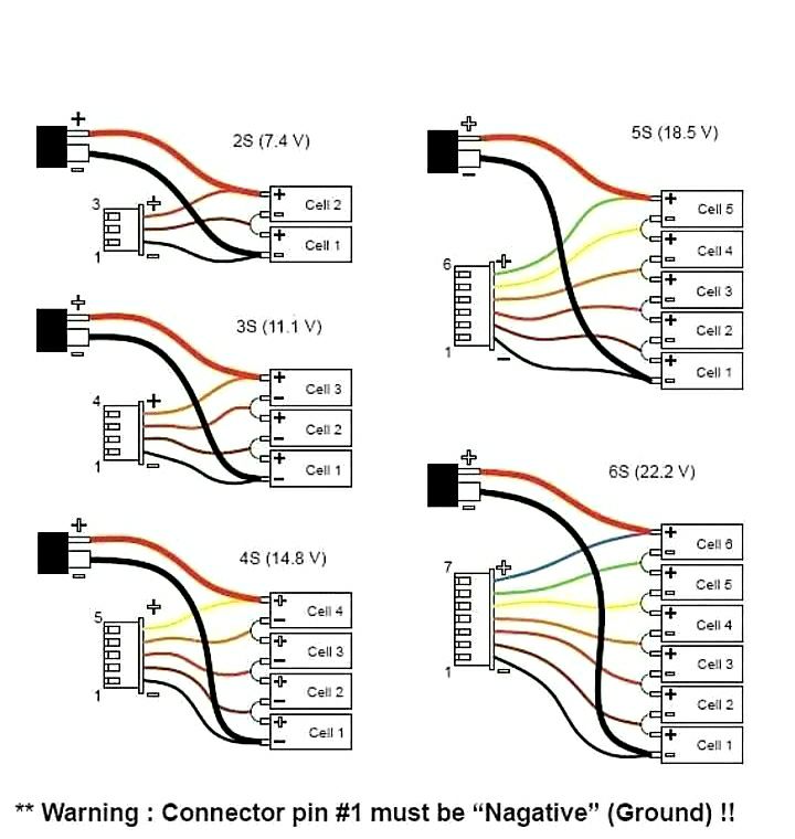 This diagram shows the wiring configuration of LiPo batteries with different cell counts (2S–6S). Each cell adds about 3.7 volts to the total voltage. The balance connector allows monitoring and charging of