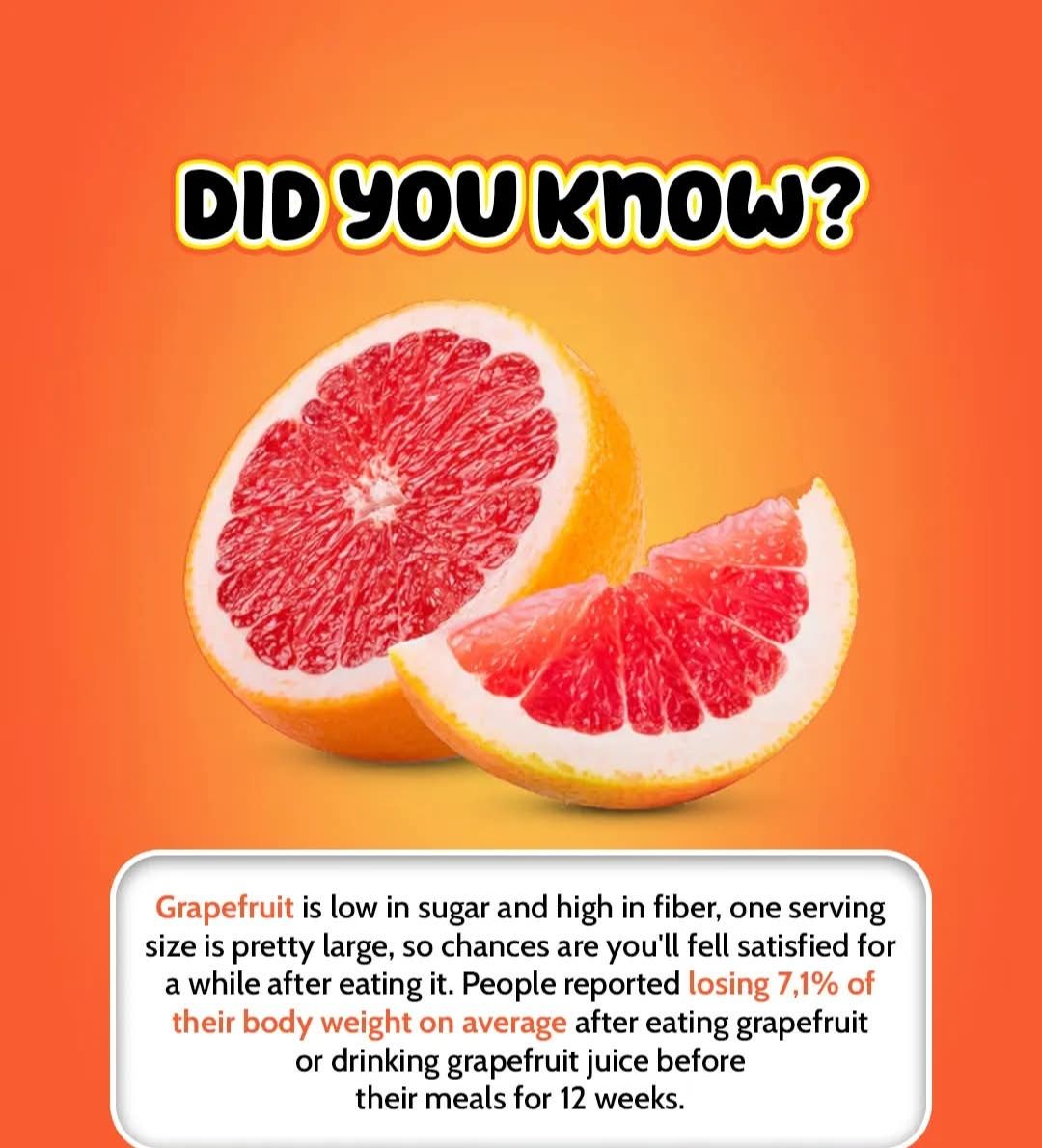 Did you know? 🍊✨ Grapefruit is low in sugar, high in fiber, and helps you feel full for longer! 💪 Studies show that people who enjoyed grapefruit or its juice before meals
