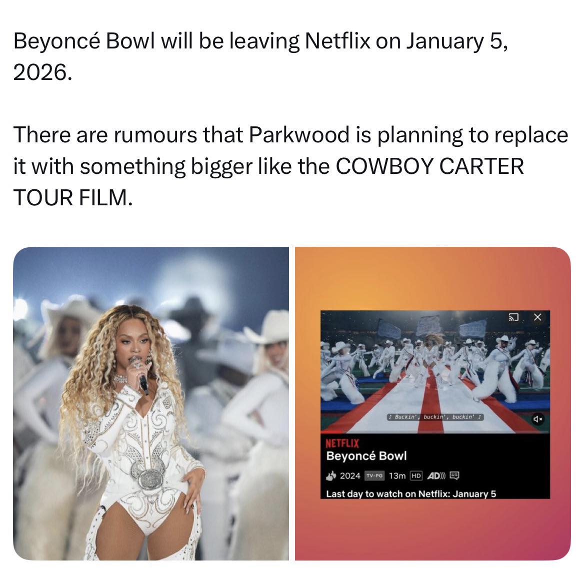 Main - Beyoncé Bowl will be leaving Netflix on January 5, 2026. There ...