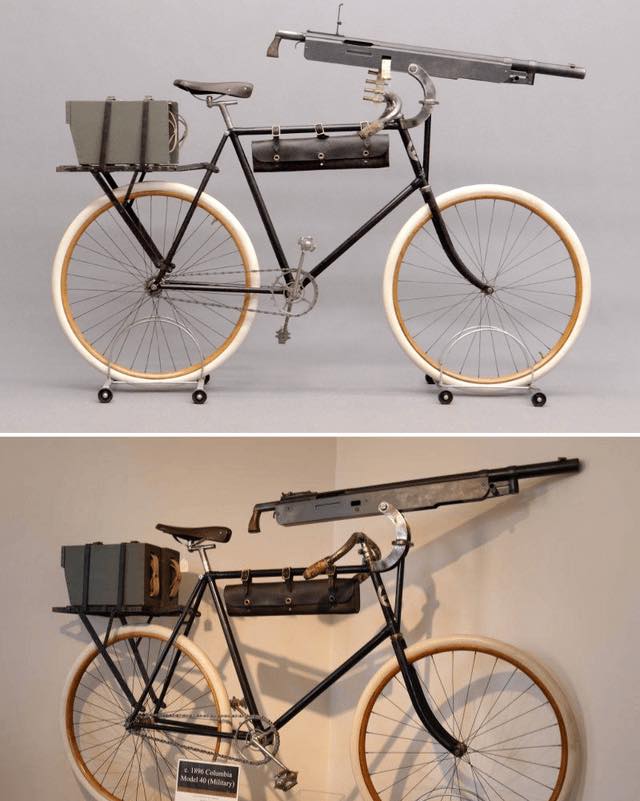 An 1896 Columbia Model 40 bicycle with a Colt machine gun that was