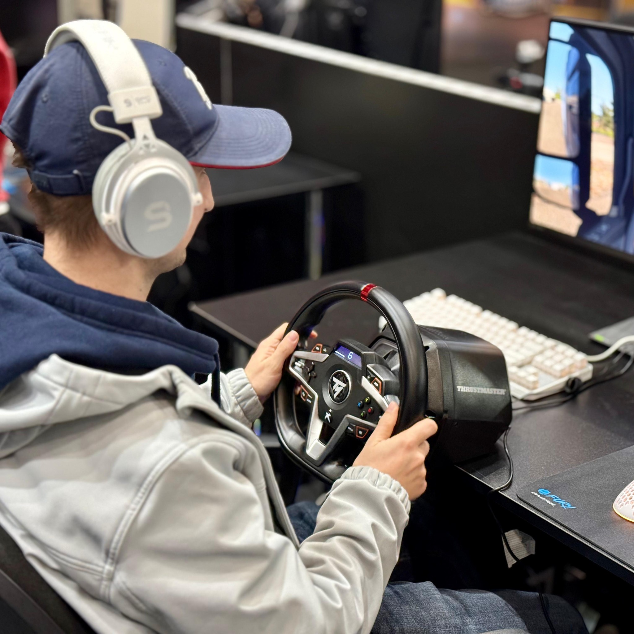 American Truck Simulator gaming setup with t248 wheels and simtask 