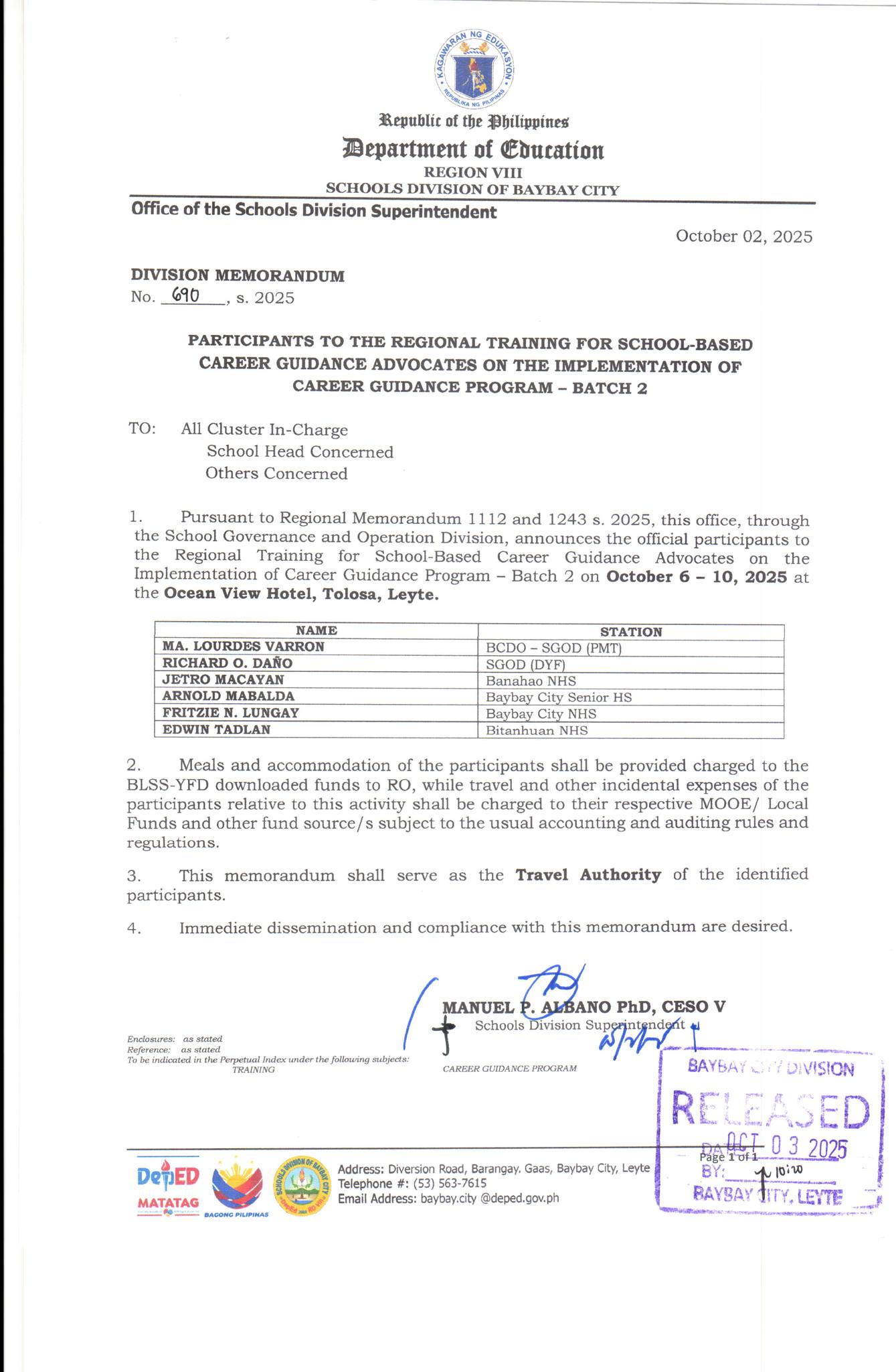 Recs Senag - DM NO 690, S. 2025 PARTICIPANTS TO THE... | Facebook