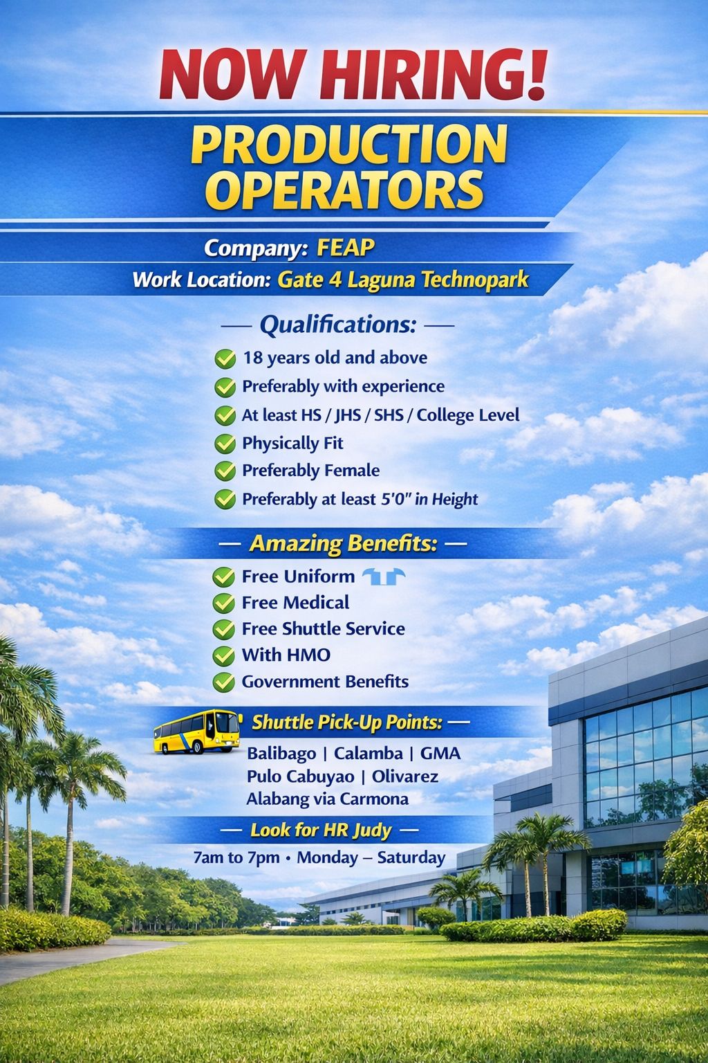 HR - NOW HIRING Company: FEAP 📢📢 Work Location: Gate 4 Laguna ...