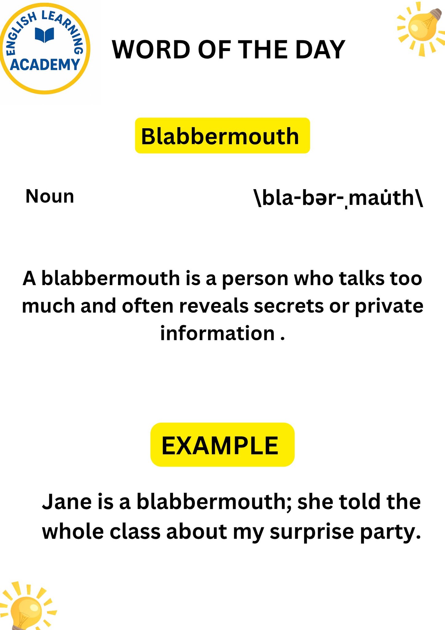 English - Vocabulary Enhancement ( blabbermouth) EXAMPLE: The children ...