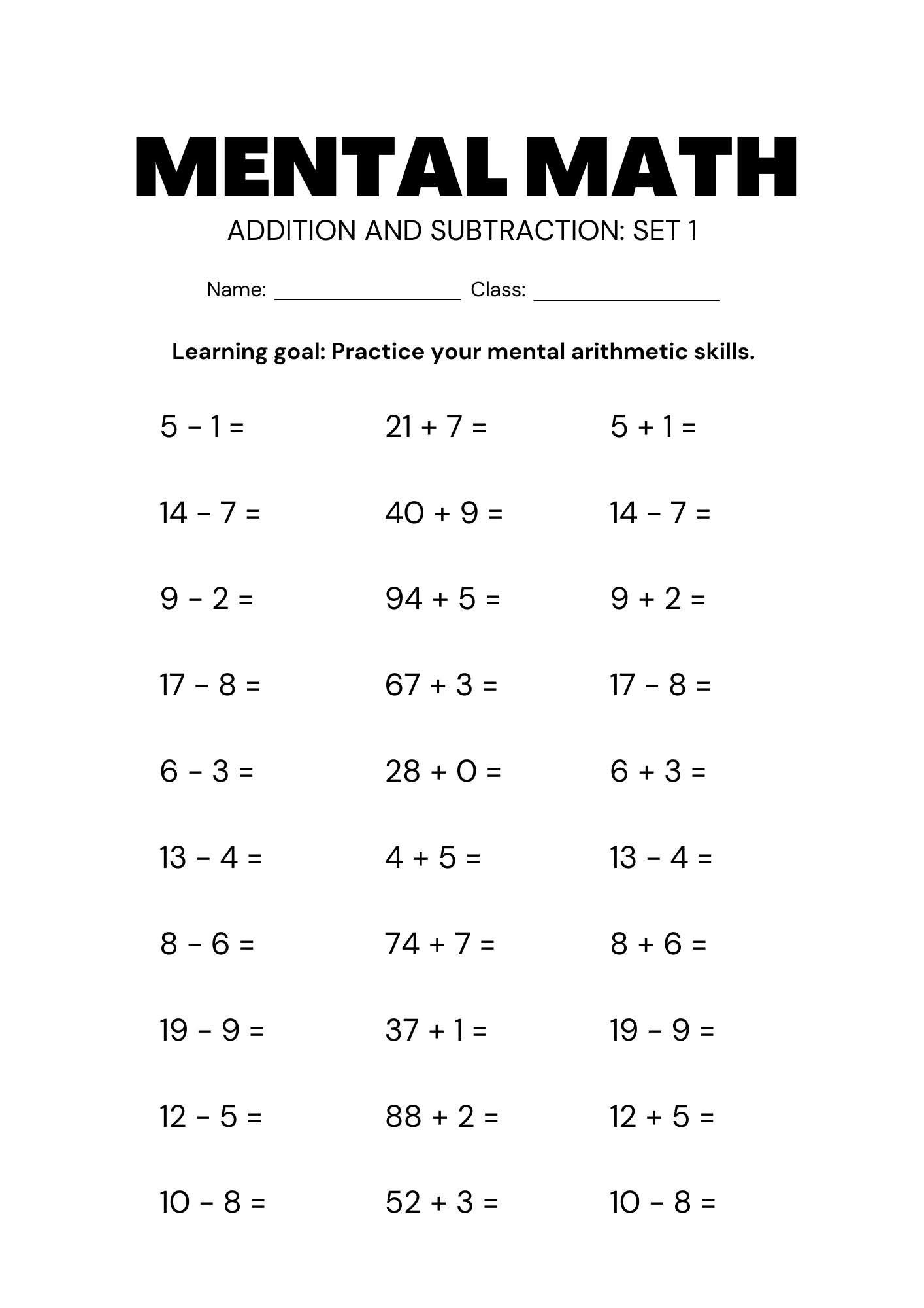 Primary - Mental Math Worksheet !!!! | Facebook
