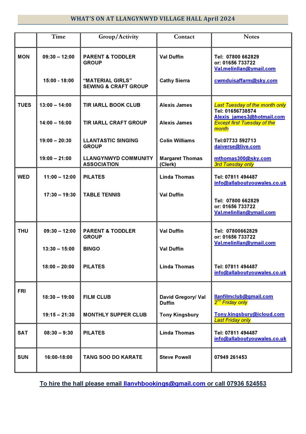 Our latest timetable of regular... - Llangynwyd Village Hall | Facebook