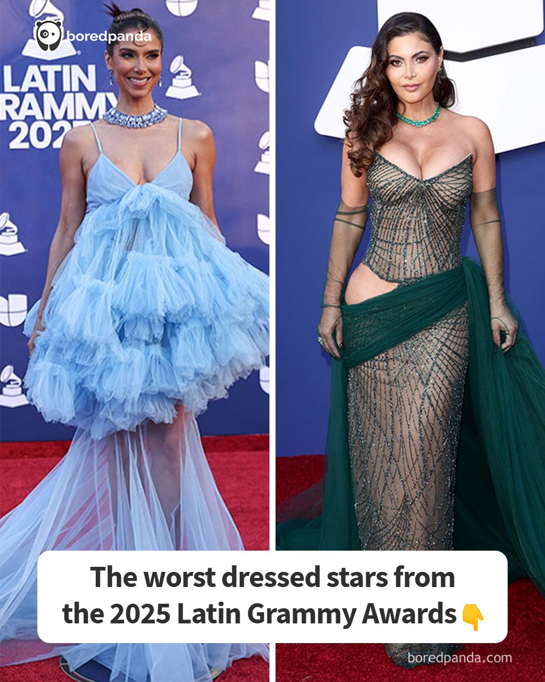 worst dressed grammys 2025 The stars from the Latin Grammy Awards (link in the comments) Pink/Green puff sleeve dress Color:Auburn Moon E63
