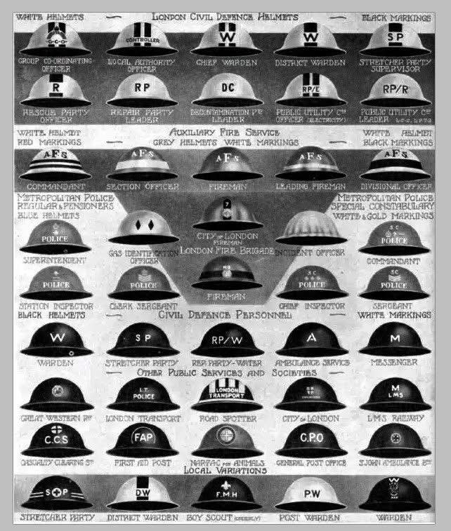 British - Londons Civil Defence Helmets with their individual markings ...