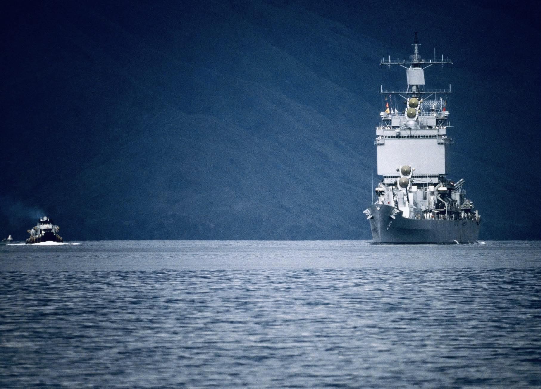 Sea - USS Long Beach (CGN-9) enters Subic Bay, August 1987, following ...